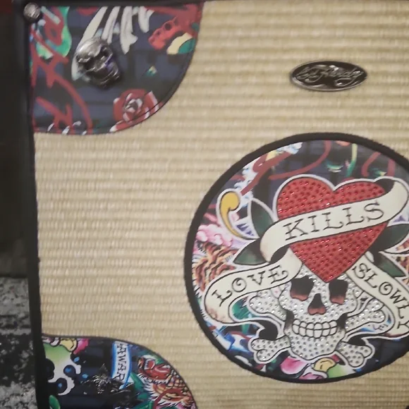 Ed Hardy Multicolor Straw-Front Tote with Skull Heart Graphic - Picture 3 of 7